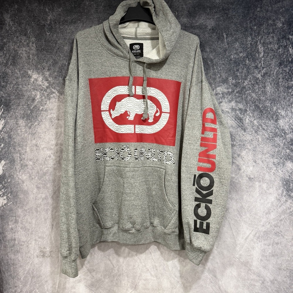 Ecko Unltd Hoodie Mens 2XL Gray Red Logo Spellout Pullover Hip Hop Streetwear